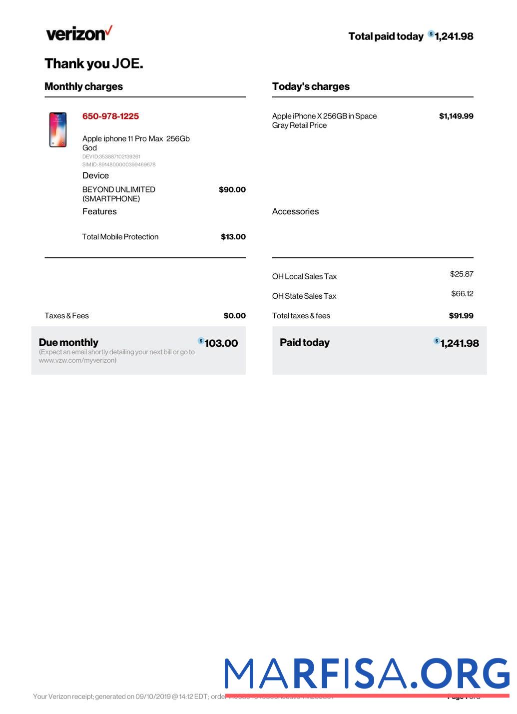 Printable Verizon company payment receipt example